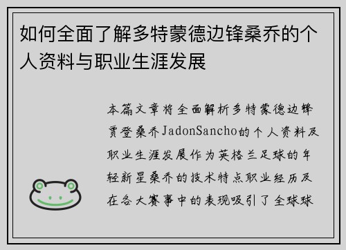 如何全面了解多特蒙德边锋桑乔的个人资料与职业生涯发展