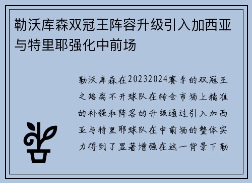 勒沃库森双冠王阵容升级引入加西亚与特里耶强化中前场